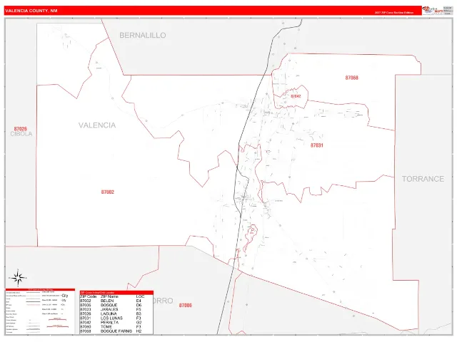 Valencia County, NM ZIP Code Wall Map, RedLine style