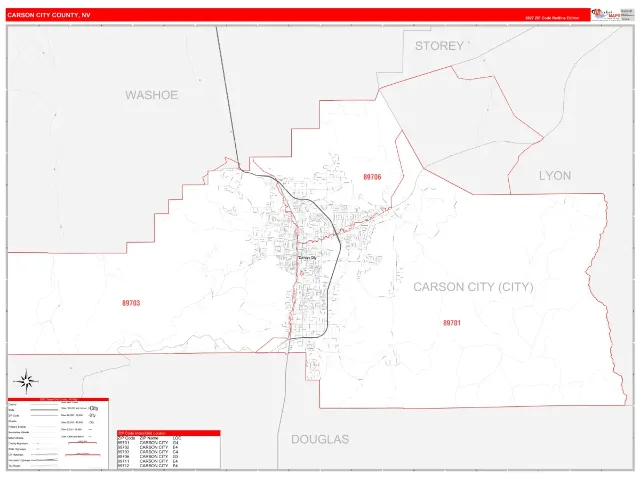 Carson City County, NV ZIP Code Wall Map, RedLine style