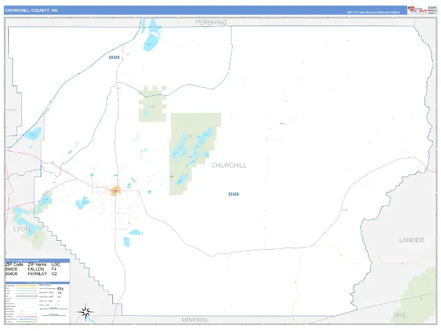 Churchill County, NV ZIP Code Wall Map, Business Reference style