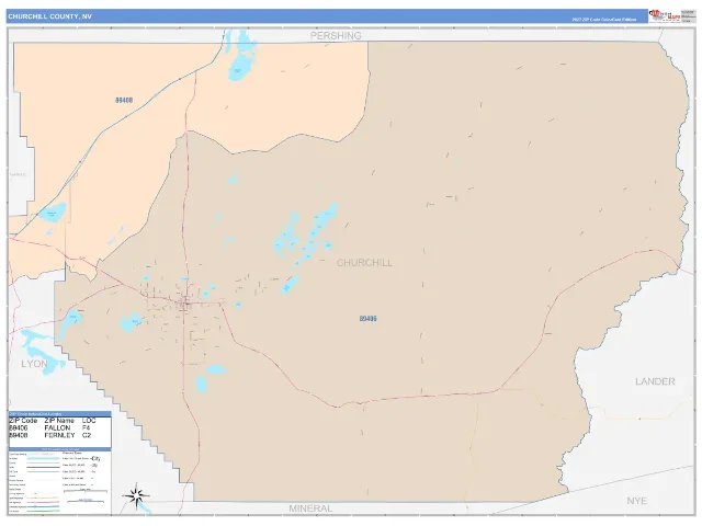 Churchill County, NV ZIP Code Wall Map, ColorCast style