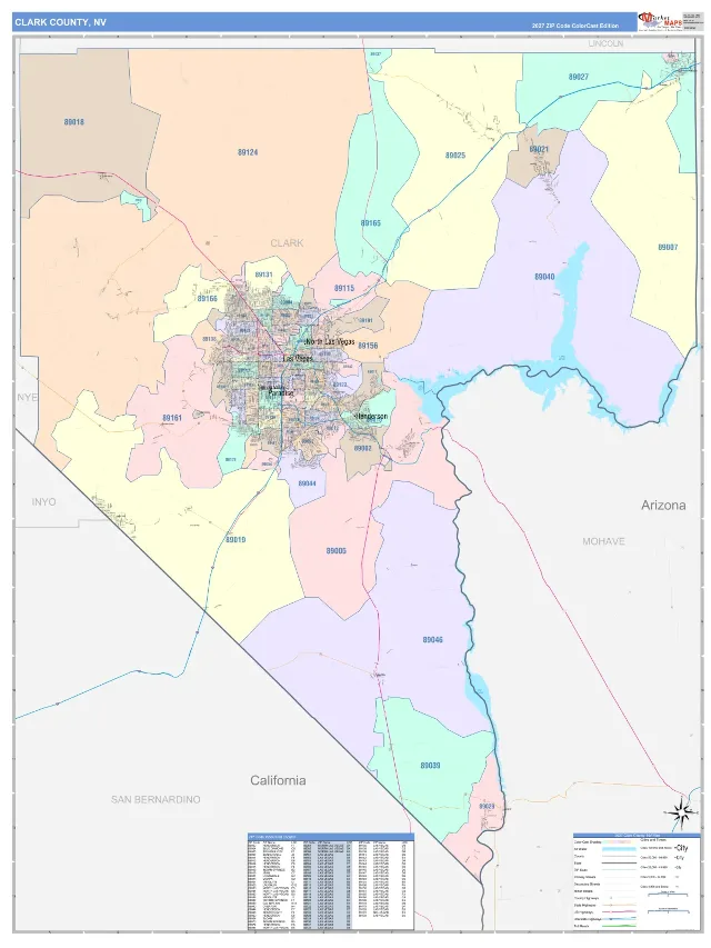 Clark County, NV ZIP Code Wall Map, ColorCast style