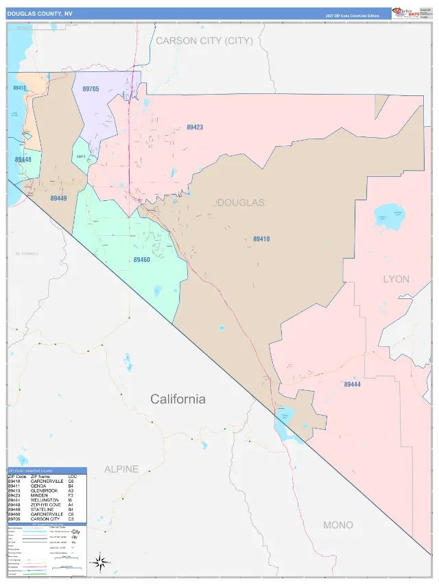 Douglas County, NV ZIP Code Wall Map, ColorCast style