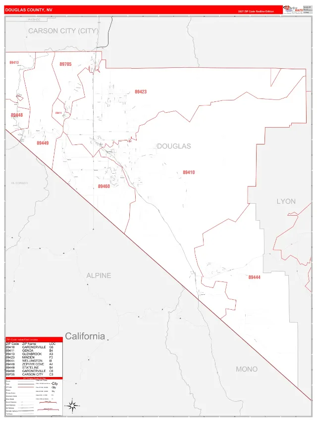 Douglas County, NV ZIP Code Wall Map, RedLine style