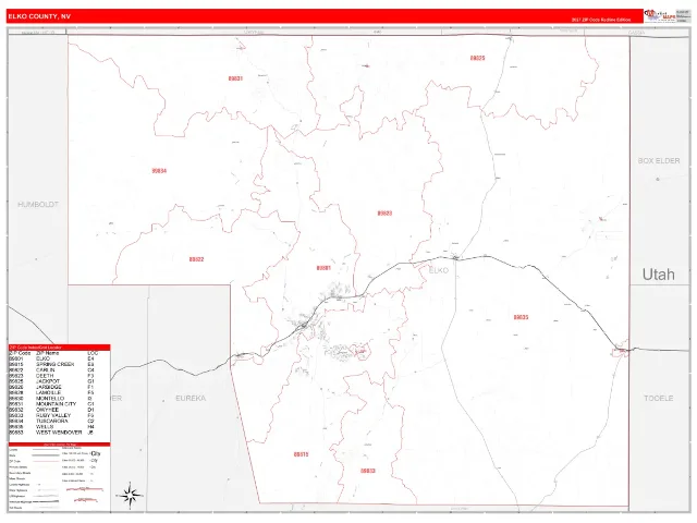 Elko County, NV ZIP Code Wall Map, RedLine style