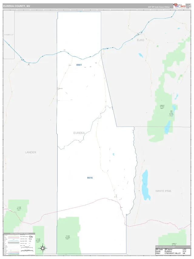 Eureka County, NV ZIP Code Wall Map, Classic style