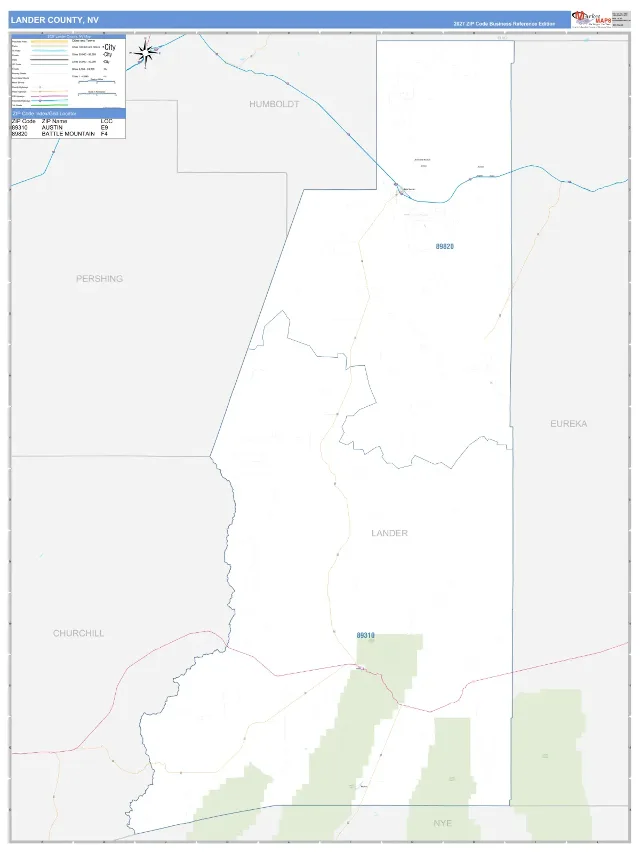 Lander County, NV ZIP Code Wall Map, Business Reference style