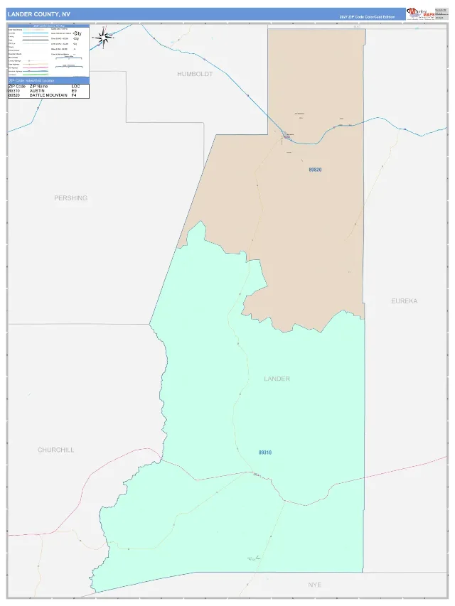Lander County, NV ZIP Code Wall Map, ColorCast style