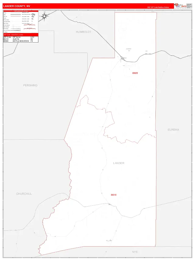 Lander County, NV ZIP Code Wall Map, RedLine style