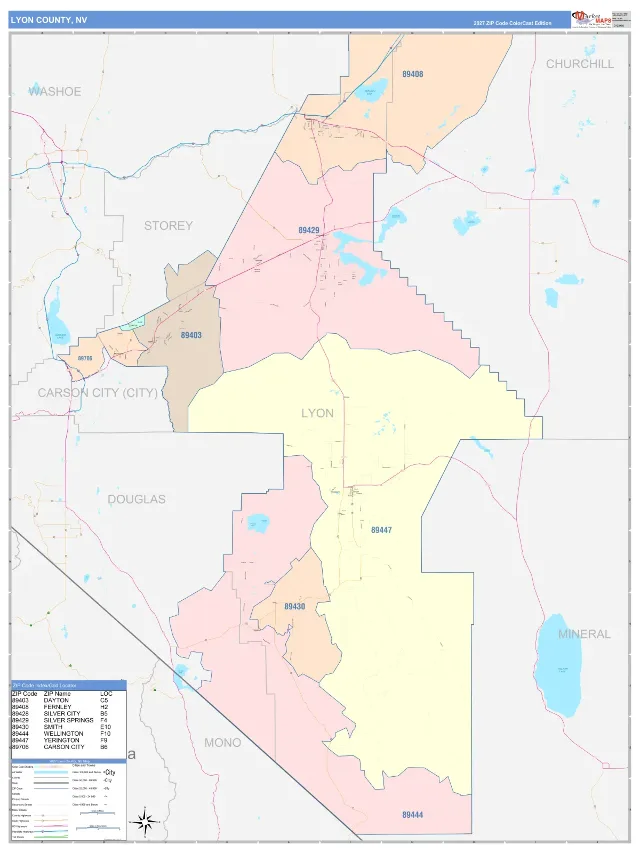 Lyon County, NV ZIP Code Wall Map, ColorCast style