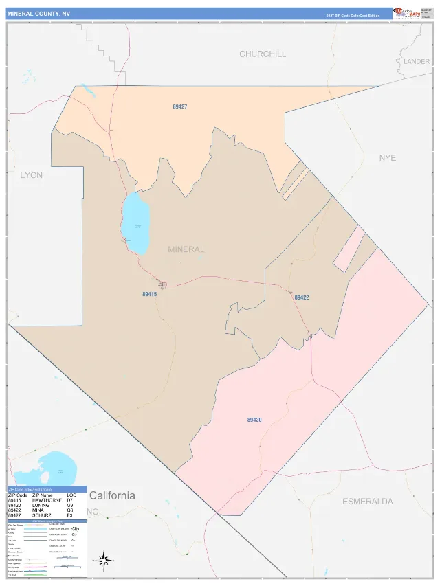 Mineral County, NV ZIP Code Wall Map, ColorCast style
