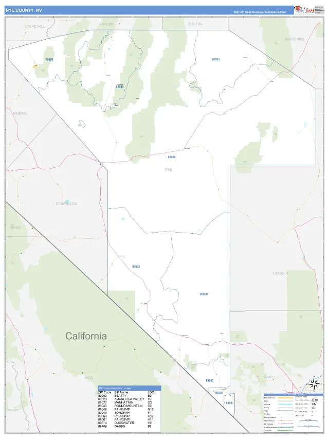Nye County, NV ZIP Code Wall Map, Business Reference style