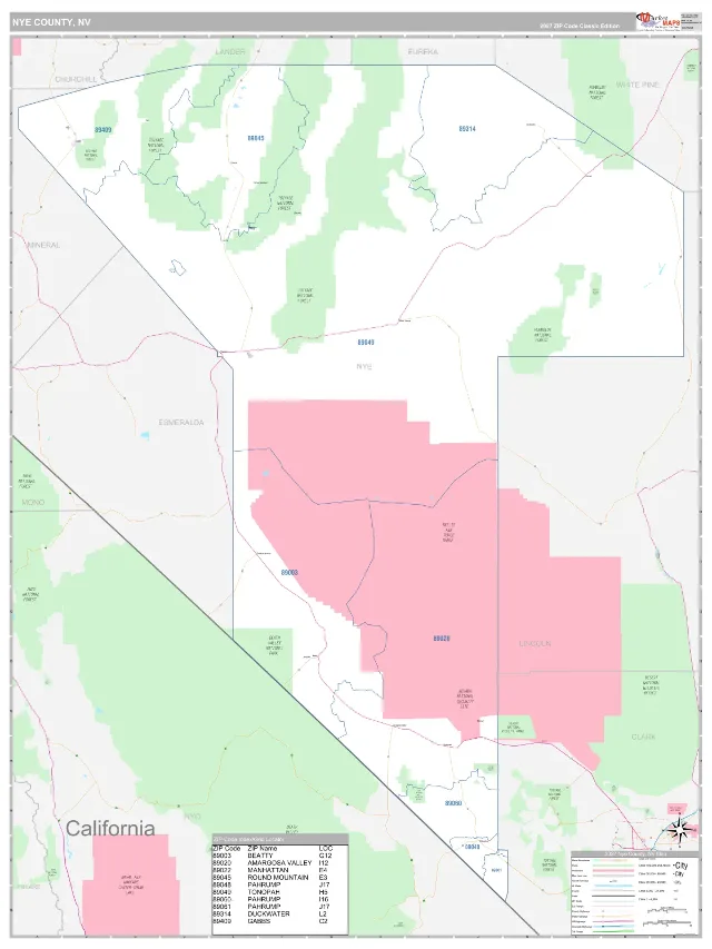 Nye County, NV ZIP Code Wall Map, Classic style