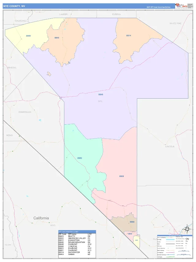 Nye County, NV ZIP Code Wall Map, ColorCast style