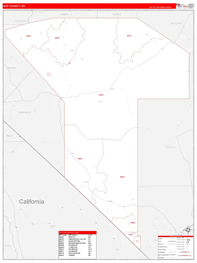 Nye County, NV ZIP Code Wall Map, RedLine style