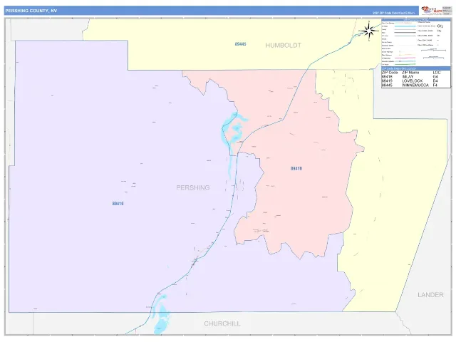 Pershing County, NV ZIP Code Wall Map, ColorCast style