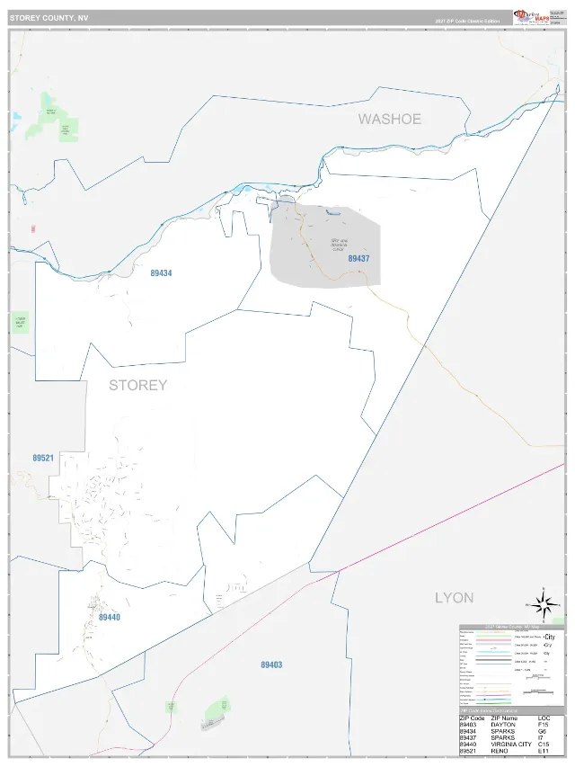 Storey County, NV ZIP Code Wall Map, Classic style