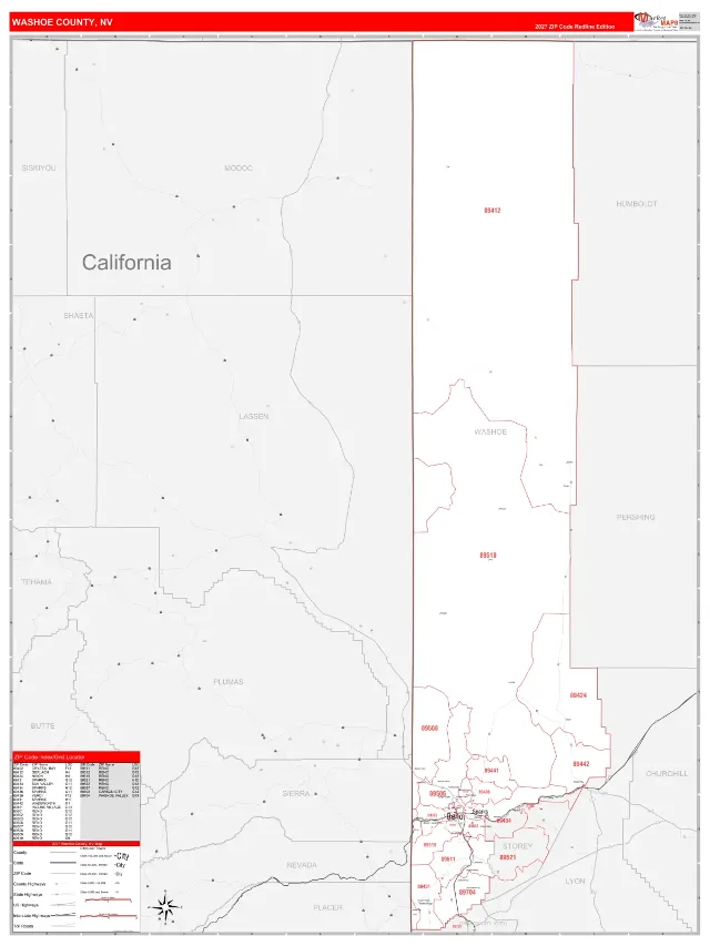 Washoe County, NV ZIP Code Wall Map, RedLine style