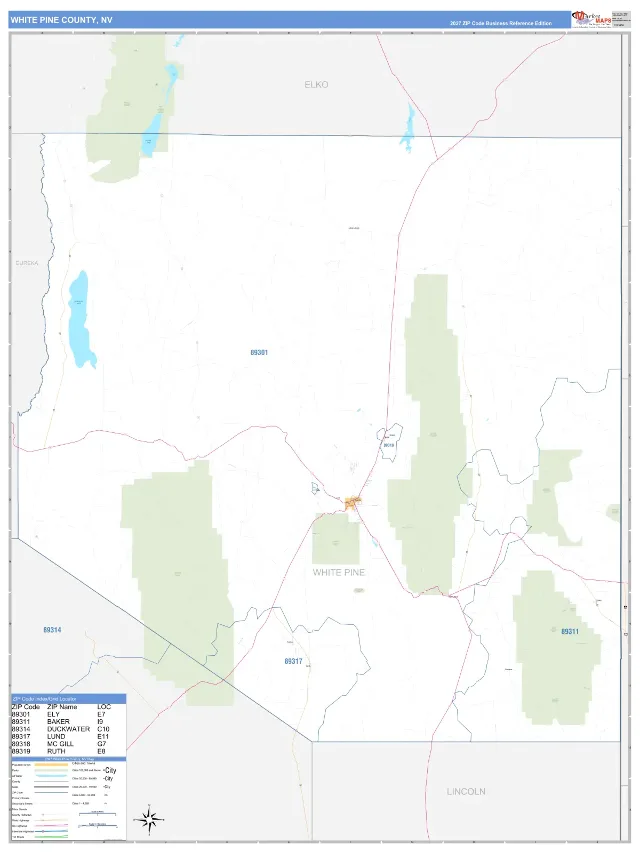 White Pine County, NV ZIP Code Wall Map, Business Reference style