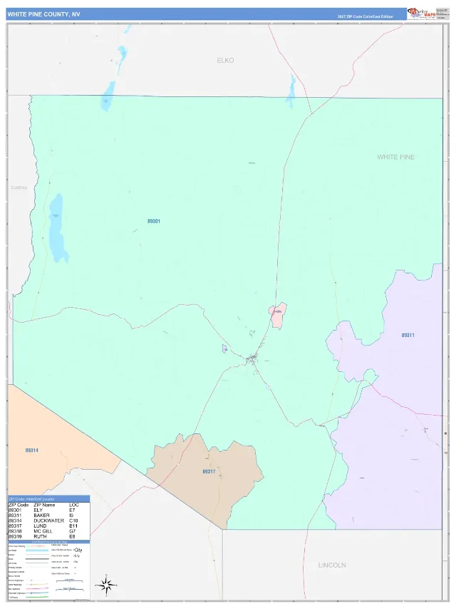 White Pine County, NV ZIP Code Wall Map, ColorCast style