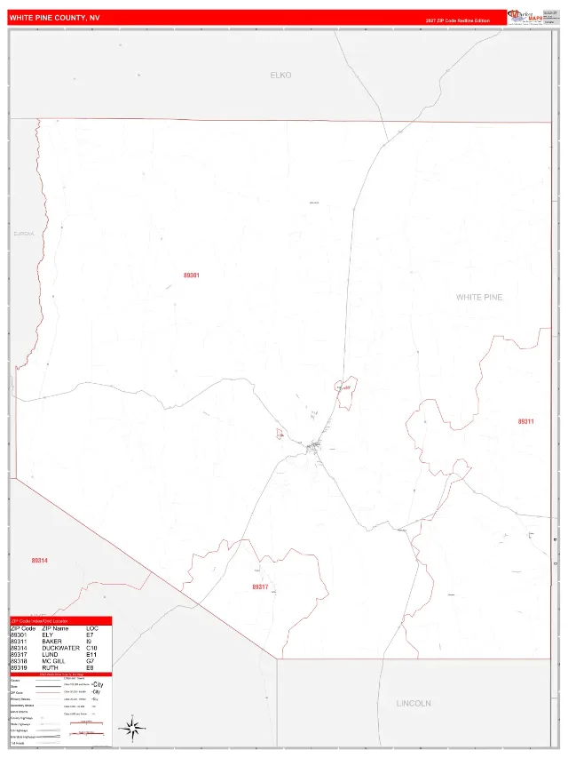 White Pine County, NV ZIP Code Wall Map, RedLine style