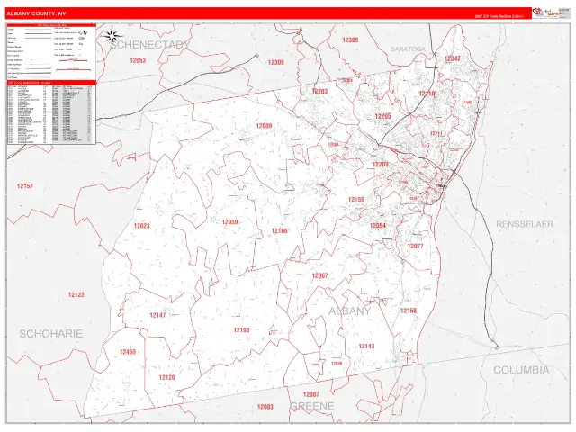 Albany County, NY ZIP Code Wall Map, RedLine style