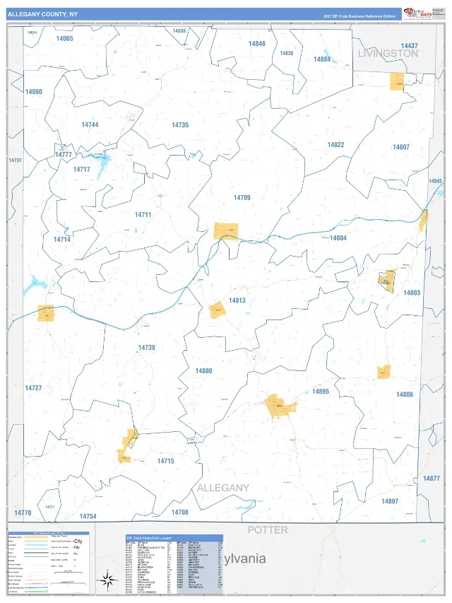 Allegany County, NY ZIP Code Wall Map, Business Reference style