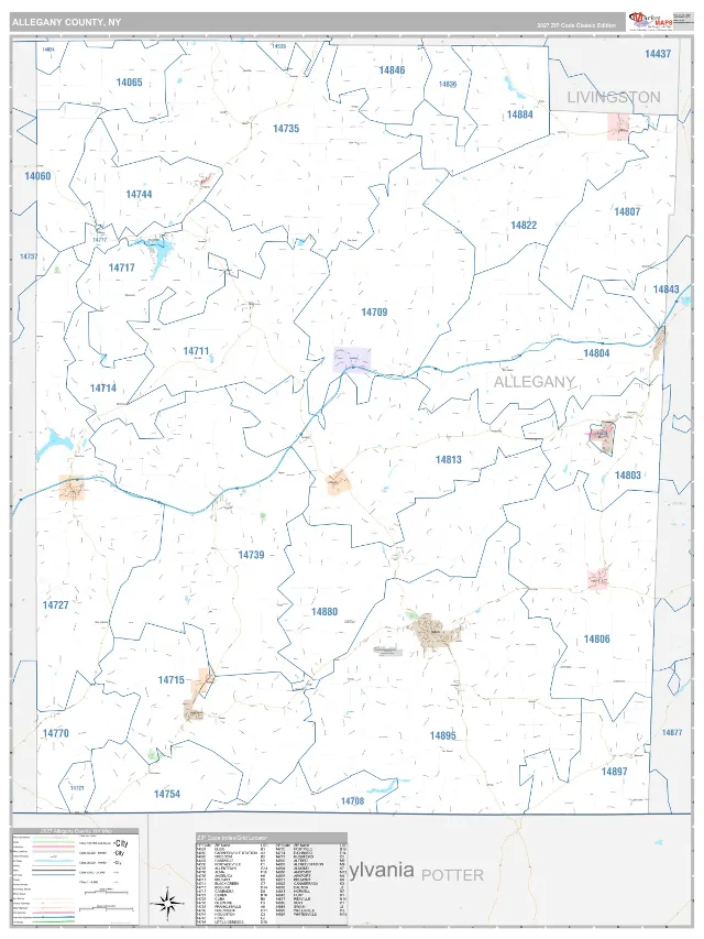 Allegany County, NY ZIP Code Wall Map, Classic style