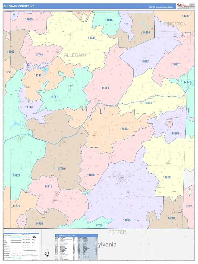 Allegany County, NY ZIP Code Wall Map, ColorCast style