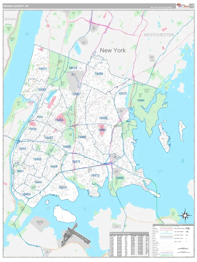 Bronx County, NY ZIP Code Wall Map, Classic style