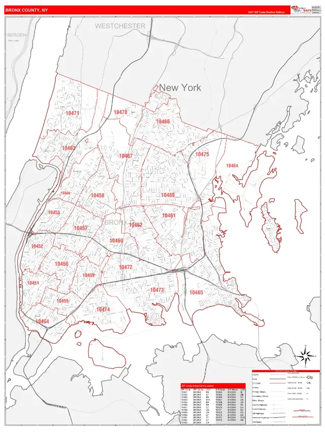 Bronx County, NY ZIP Code Wall Map, RedLine style
