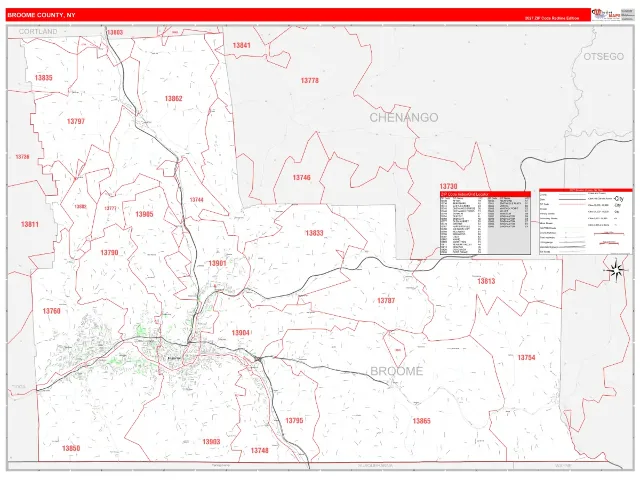Broome County, NY ZIP Code Wall Map, RedLine style