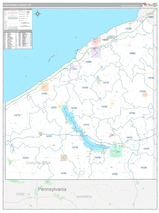 Chautauqua County, NY ZIP Code Wall Map, Classic style