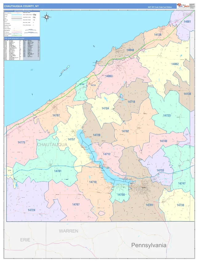 Chautauqua County, NY ZIP Code Wall Map, ColorCast style