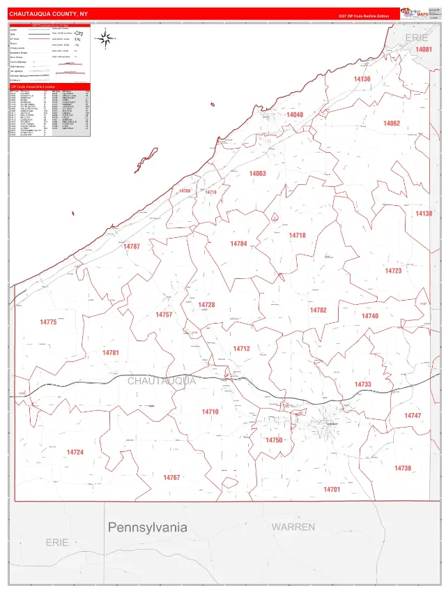 Chautauqua County, NY ZIP Code Wall Map, RedLine style