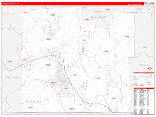 Chemung County, NY RedLine style ZIP Code wall map