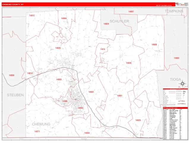 Chemung County, NY ZIP Code Wall Map, RedLine style