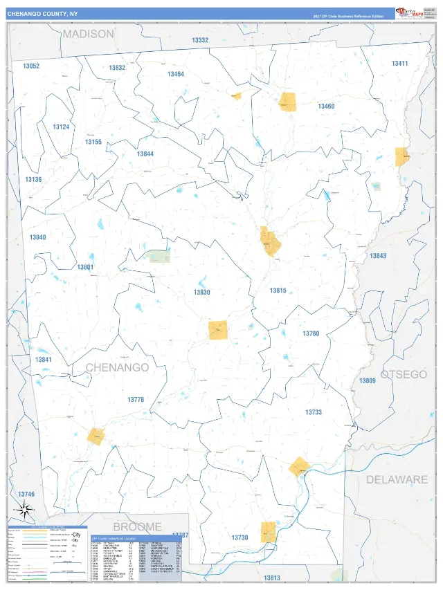 Chenango County, NY ZIP Code Wall Map, Business Reference style