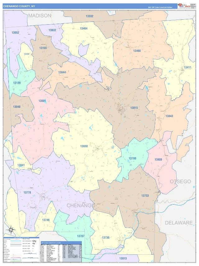Chenango County, NY ZIP Code Wall Map, ColorCast style