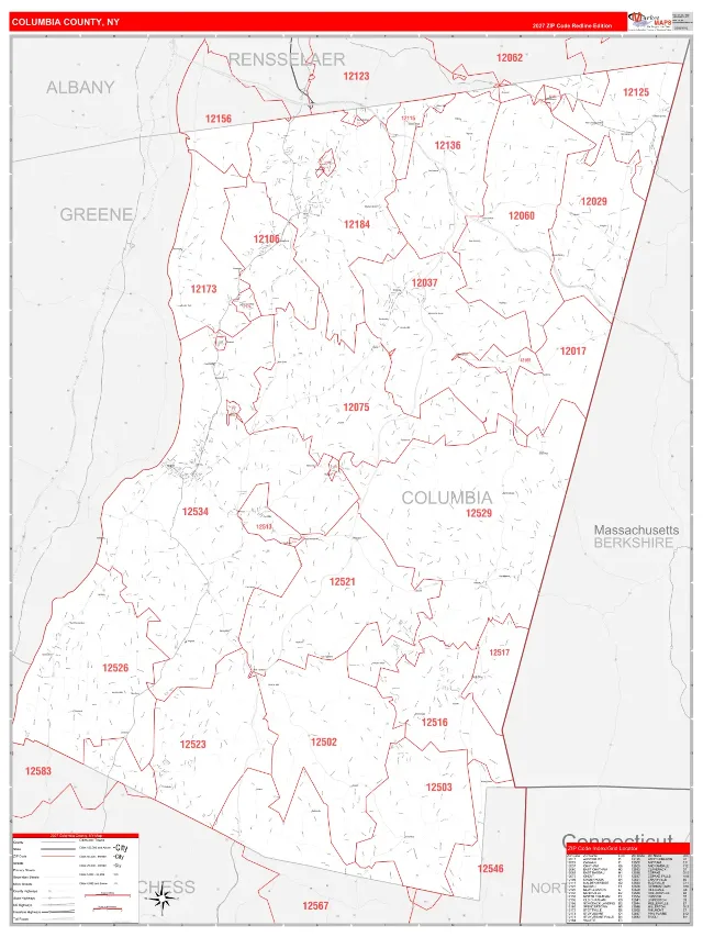 Columbia County, NY ZIP Code Wall Map, RedLine style