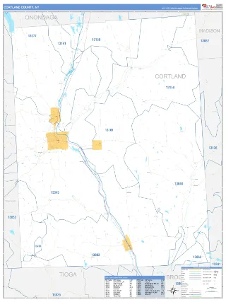 Cortland County, NY Business Reference style ZIP Code wall map