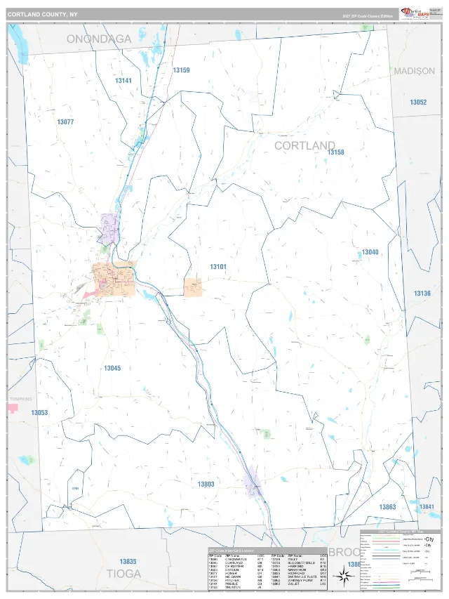 Cortland County, NY ZIP Code Wall Map, Classic style