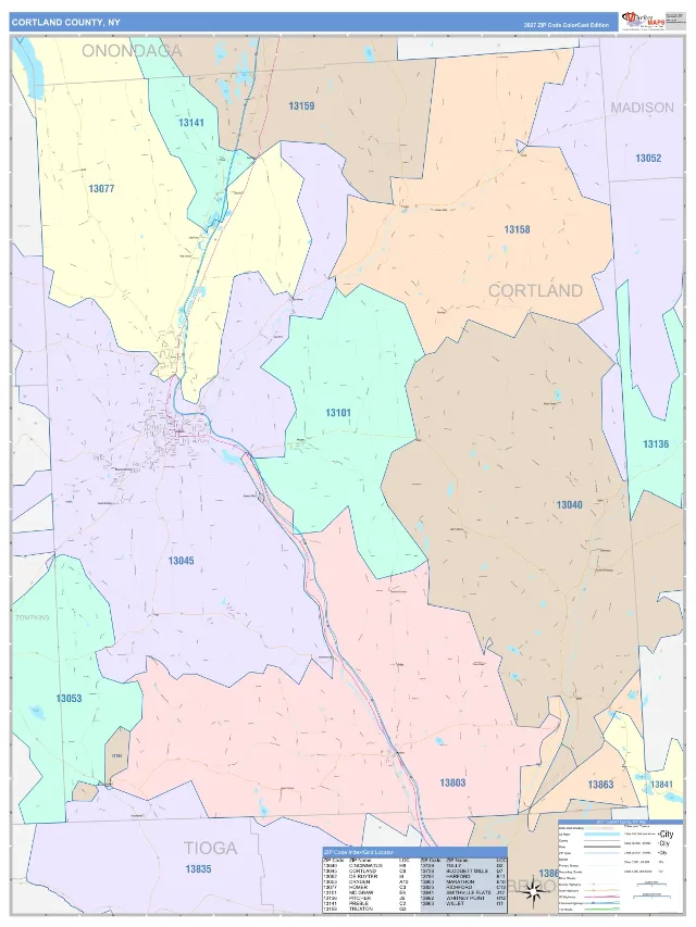 Cortland County, NY ZIP Code Wall Map, ColorCast style