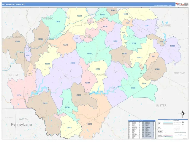 Delaware County, NY ZIP Code Wall Map, ColorCast style