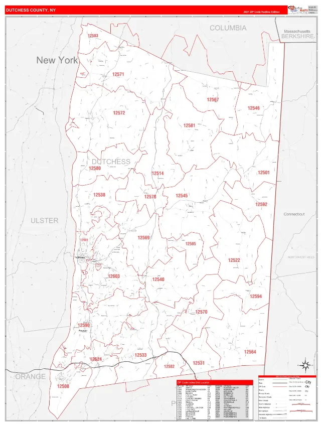 Dutchess County, NY ZIP Code Wall Map, RedLine style