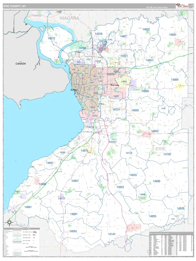 Erie County, NY ZIP Code Wall Map, Classic style