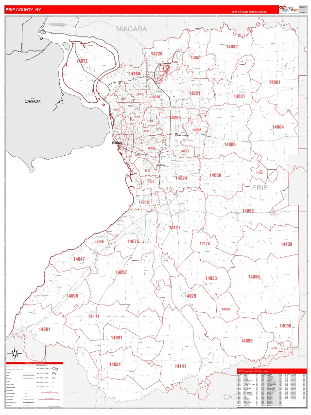 Erie County, NY ZIP Code Wall Map, RedLine style