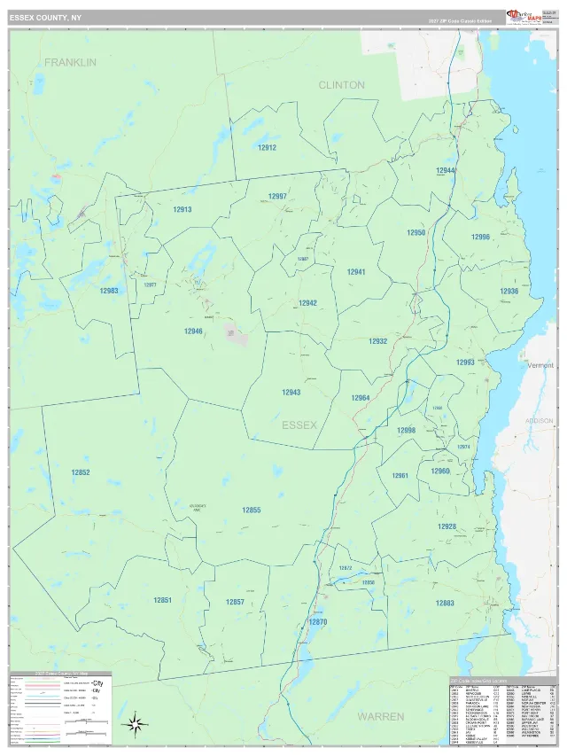 Essex County, NY ZIP Code Wall Map, Classic style