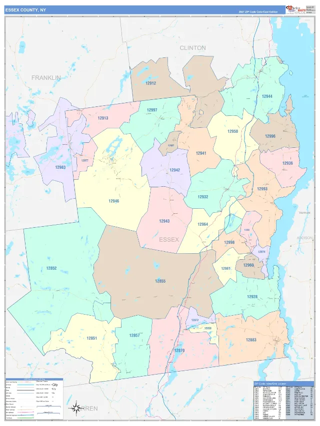 Essex County, NY ZIP Code Wall Map, ColorCast style