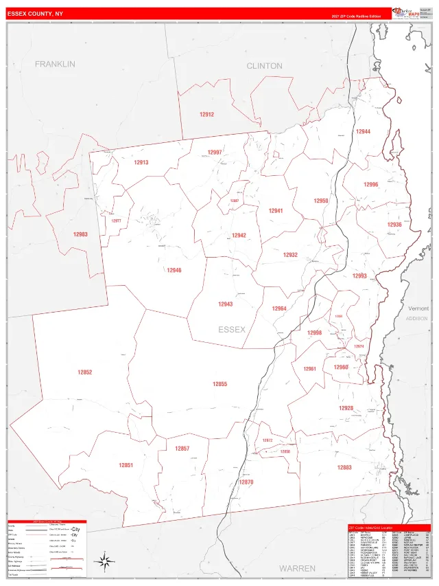 Essex County, NY ZIP Code Wall Map, RedLine style