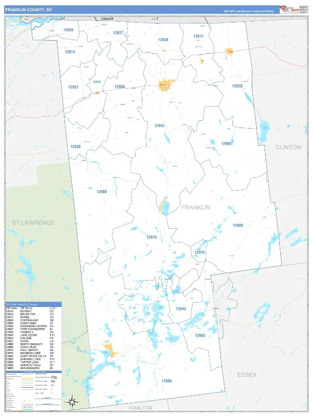 Franklin County, NY ZIP Code Wall Map, Business Reference style